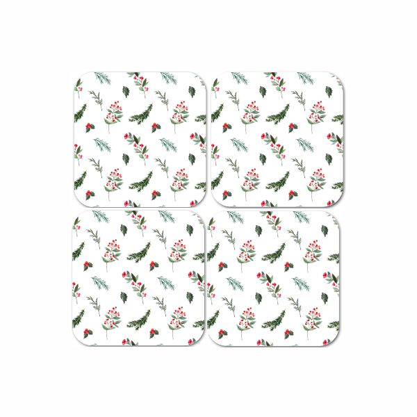 Graceful Accessories - Christmas Coasters with Greenery Design in White - Red and Green