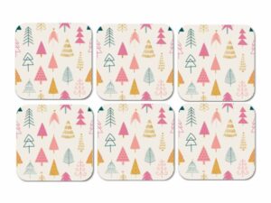 Christmas Table Decor - Set of 6 Coasters - Geometic Christmas Tree Designs